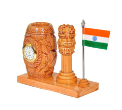 Wooden pen stand set: clock jar, carved Ashoka pillar and India tricolor flag