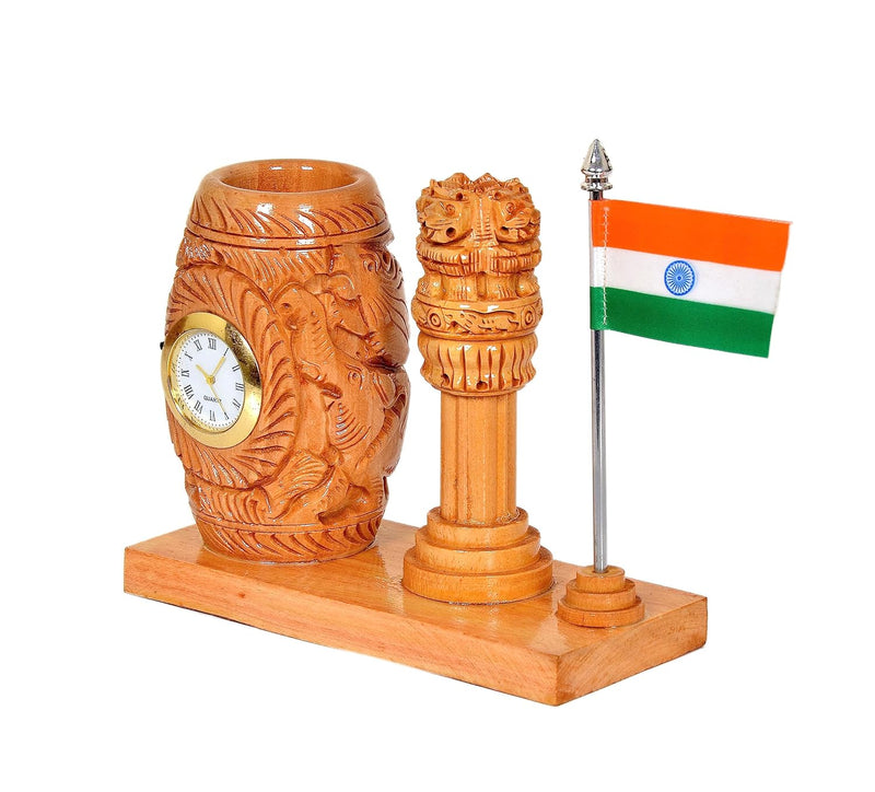 Wooden Pen Stand Stand Holder with with Ashoka Stambh and Watch | Gifting Item | Height : 4.5 inches