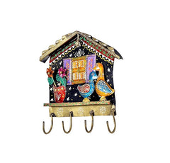 Iron house keychain holder with five hooks and colorful bird illustration