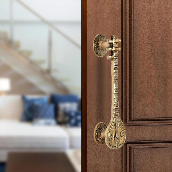 Brass Sitar Shape Door Handle Pair (Pack of 2) (Height : 9.5 inch)