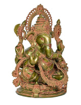 Brass Ganesha sitting idol side view, green finish with ornate arch halo and detailed arms