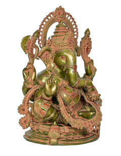 Brass Ganesha sitting idol side view, green finish with ornate arch halo and detailed arms