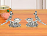 Metal parrot oil diya lamp set of 2, silver tone, ornate base and twin holders