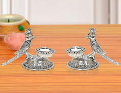 Metal parrot oil diya lamp set of 2, silver tone, ornate base and twin holders
