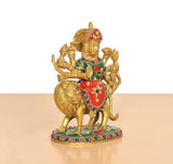 Durga Maa brass idol riding lion, red dress, green sash, multicolor bead accents