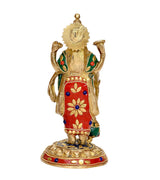 Brass Vishnu idol back view, four-armed, colorful painted details on red and green cloth