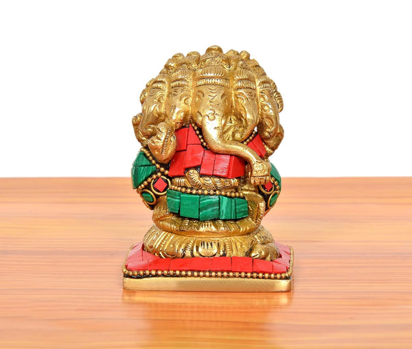 Brass Golden Panchmukhi Ganesha Sitting Murti (Height: 3 inch) Study Setting