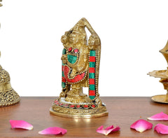 Brass Lord Tirupati Bala Ji figurine side view, multicolour sash and belt
