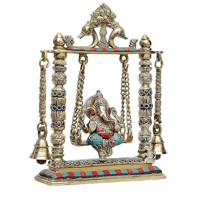 Brass Ganesha on a Swing (Height: 10 inches)