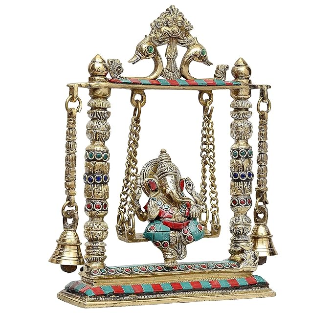 Brass Ganesha on a Swing with Two Bell Holding Chain Statue (10.2 Inches X 8.6 Inches X 3.0 Inches, Golden)