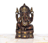 Ganesha brass idol, front view, detailed crown and gold-painted jewelry