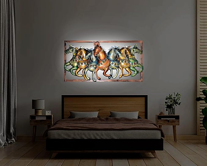 Iron 7 Seven Running Horses Framed Wall Hanging For Good Luck (Height: 20 Inches)
