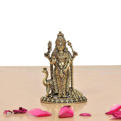 Brass Lord Kartikeya figurine standing with peacock, detailed crown and jewelry
