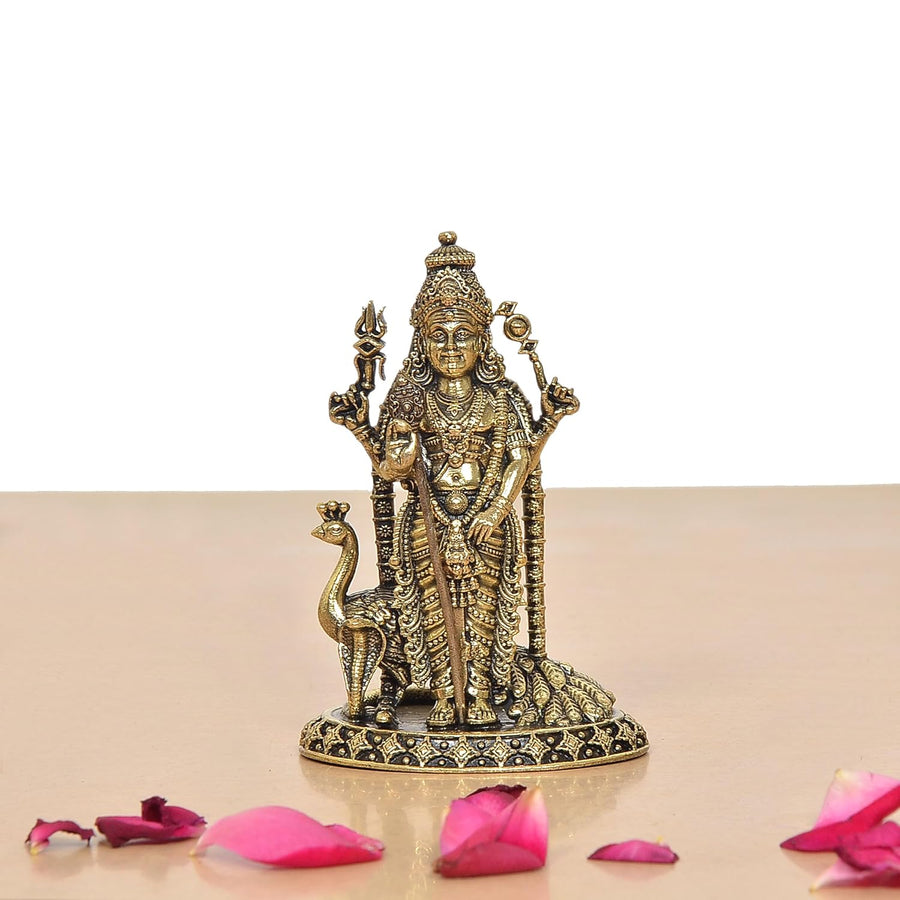 Superfine Brass Standing Lord Kartikeya with Peacock Murugan Murti (Height 4 Inch) Craft Detail