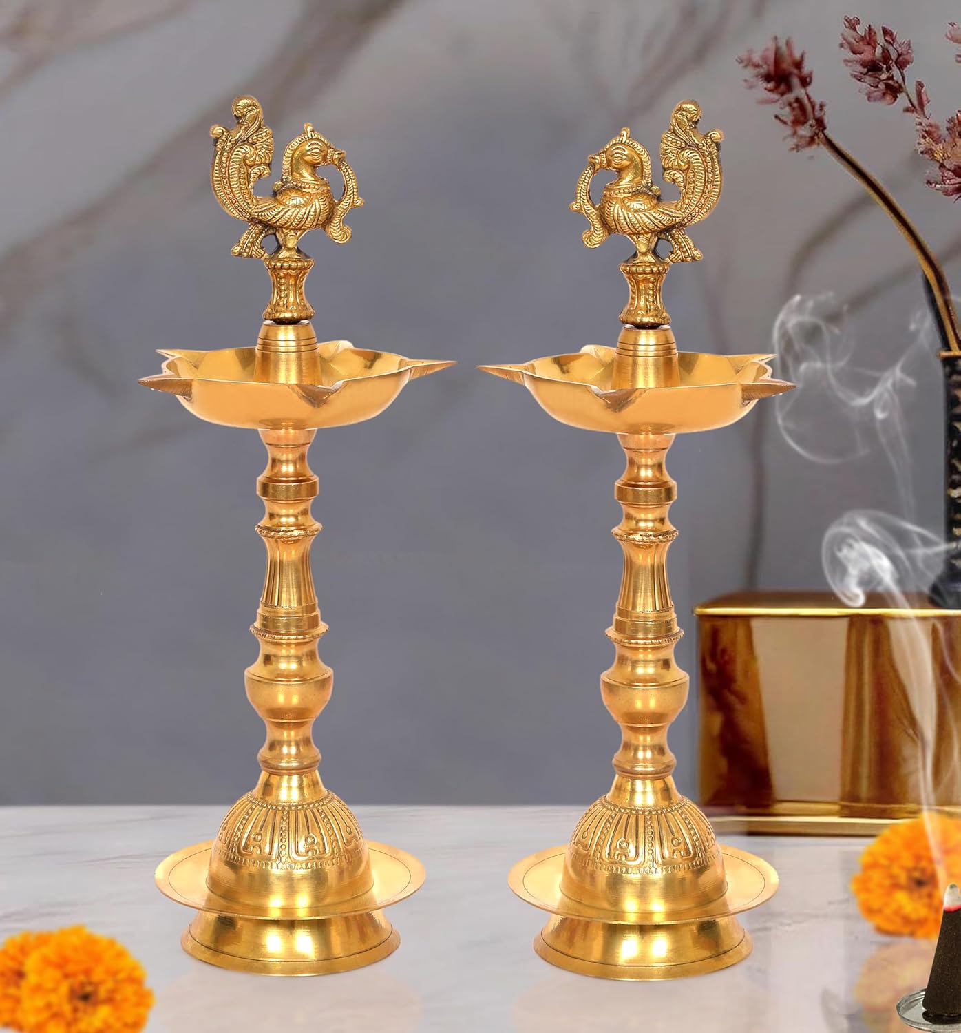 Brass Peacock Oil Lamp Diya Stand for Home Pooja Antique Items Gift Items Deepam Diwali Home and Office Decor |Set of 2| (Height: 13 Inch)