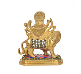 Brass Durga Maa riding lion figurine side view, multicolour jeweled panel on base