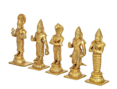 Gold brass Navgraha deity statues, five figures standing on round bases