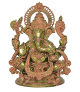 AONA brass Ganesha sitting idol with green-gold finish, decorated halo and jewelry detailing