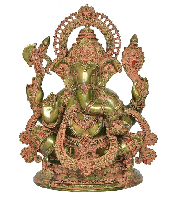 Brass Ganesha Sitting Idol (Height 20 Inch) Green Entryway Setting