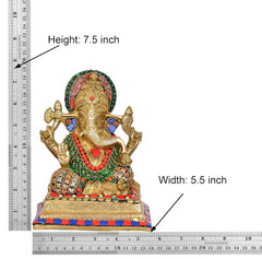 Ganesha idol size guide: height 7.5 in, width 5.5 in, multicolour striped base