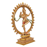 Dancing Nataraj Shiva resin idol with gold finish and red accents, circular halo ring, on base.