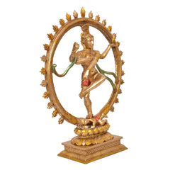 Dancing Nataraj Shiva resin idol with gold finish and red accents, circular halo ring, on base.
