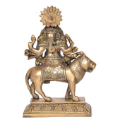 Brass Ganesha statue on horse with decorative sunburst crown, detailed arms