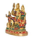 Brass Shiv Parivar idol statue, three figures with raised hands, ornate multi-color inlay