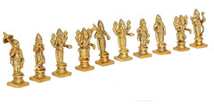 Brass Dashavatara Vishnu mini statue set of 10, side view of standing figures