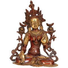 Brass Tara goddess statue, seated with jeweled crown and halo, 10.5 in tall