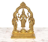 Front view of brass Vishnu with Shridevi and Bhudevi, arched halo and raised hands
