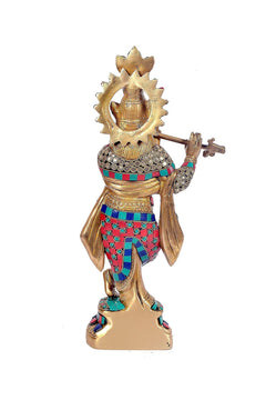 Brass Lord Krishna idol from back angle with multicolor inlay and decorative crown