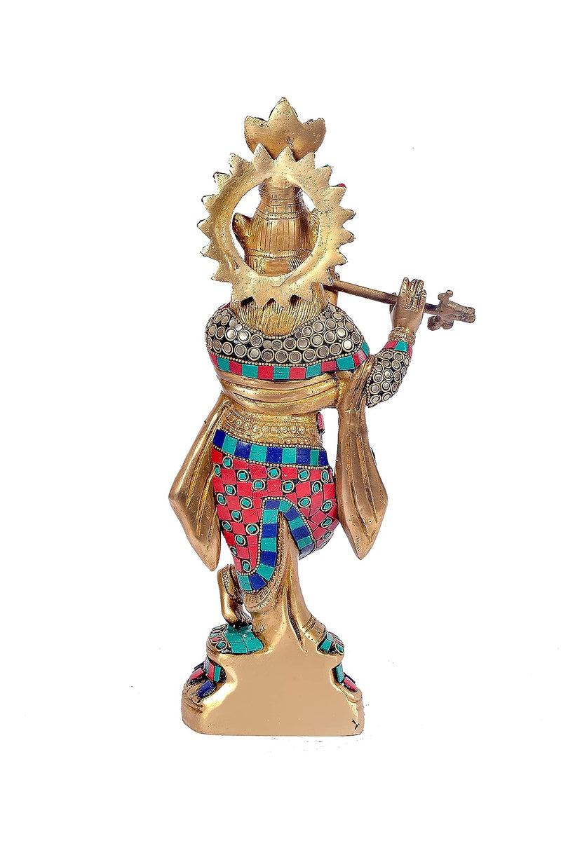 Brass Lord Krishna Idol Krishna Religious Statue with Inlay Work Height 15 Inch