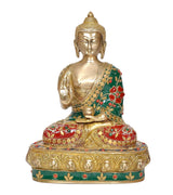 Brass Buddha figurine, front view with raised hand, green robe with red floral gems