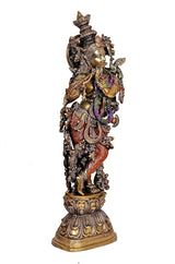 Brass Krishna sculpture, 29 in, brown standing form with crown and layered ornaments