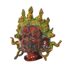 Mahakala wall hanging front view, green-gold ornament border with red face, multicolour