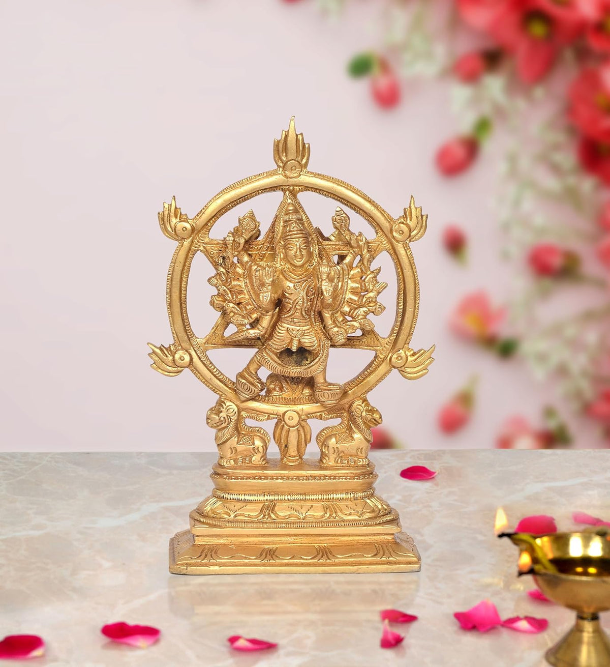 Brass Vishnu Yoga Narasimha statue with circular halo, standing on ornate base