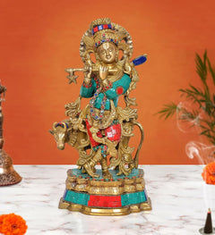 Brass Krishna playing flute idol with cow figure, multicolor jeweled attire, 13 in