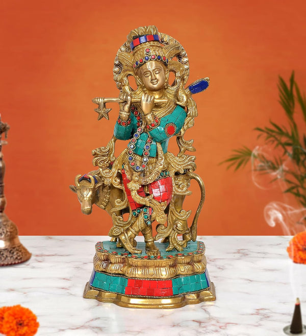 Brass Lord Krishna Playing Flute with Cow Idol (Height 13 Inch)