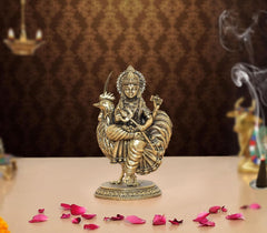 Bronze Bahuchara Mata idol seated on pedestal, holding rooster, 4 in height