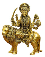 Durga Maa brass idol on lion, close view of face, lion mane, and beadwork detail