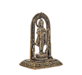 Brass Ram Lalla murti back view with arched frame and decorative pedestal