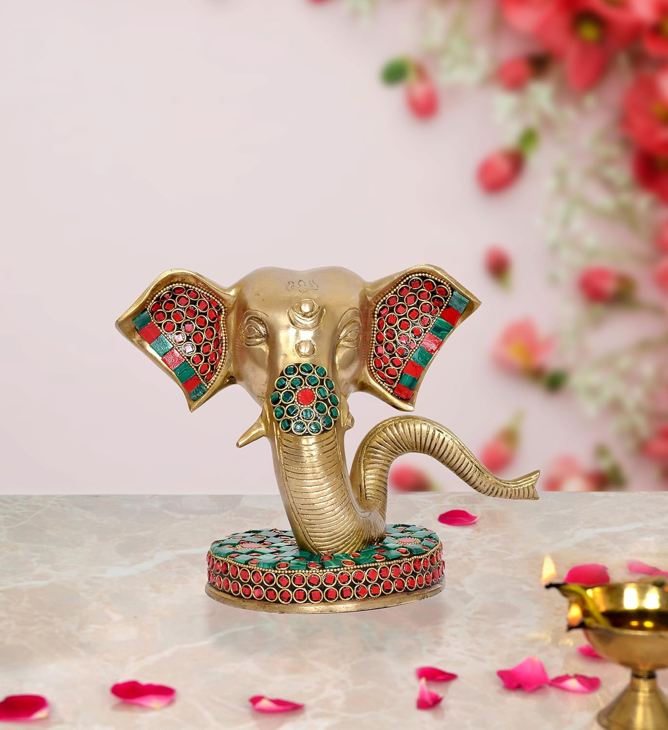 Brass Modern Ganesha Hed Idol Ganesh Statue Multicolor Stone Work Finish | Home Decor/Office Entrance/Temple/Diwali Gift | (Height : 6.5 inch)