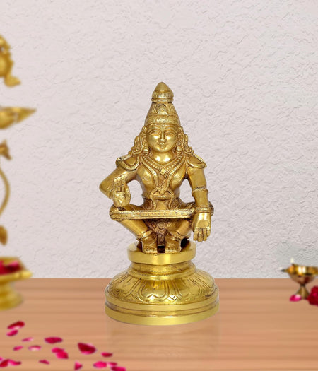 Handcrafted Brass Lord Ayyappan Swamy Statue | Traditional Hindu Idol for Home Temple & Office Decor (Height: 8 Inches)