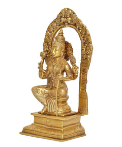 Brass Tripura Sundari idol, side view with arched halo frame and spear staff