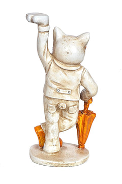 Lucky Cat Polyresin Dekofigur, gold-weiß, orange Schirm, Seitenansicht, 10 Zoll
