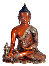 Brass Gautam Buddha idol in Bhumisparsha pose, seated with ornate robes and base