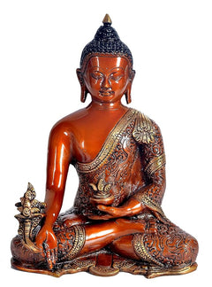 Brass Gautam Buddha idol in Bhumisparsha pose, seated with ornate robes and base