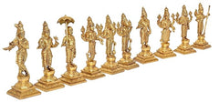 Brass Dasavatharam Vishnu avatar statues, golden ten-murti row with umbrella