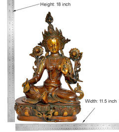 Brass Tara Devi statue size: 18 in height, 11.5 in width, seated on lotus base